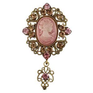 Pink Cameo Brooch with Crystals and Dangle Filigree Gold Tone